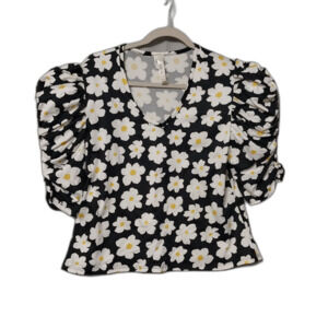 NWOT Cacia shirt 3X black floral daisy princess ruched sleeve crop top Cottage